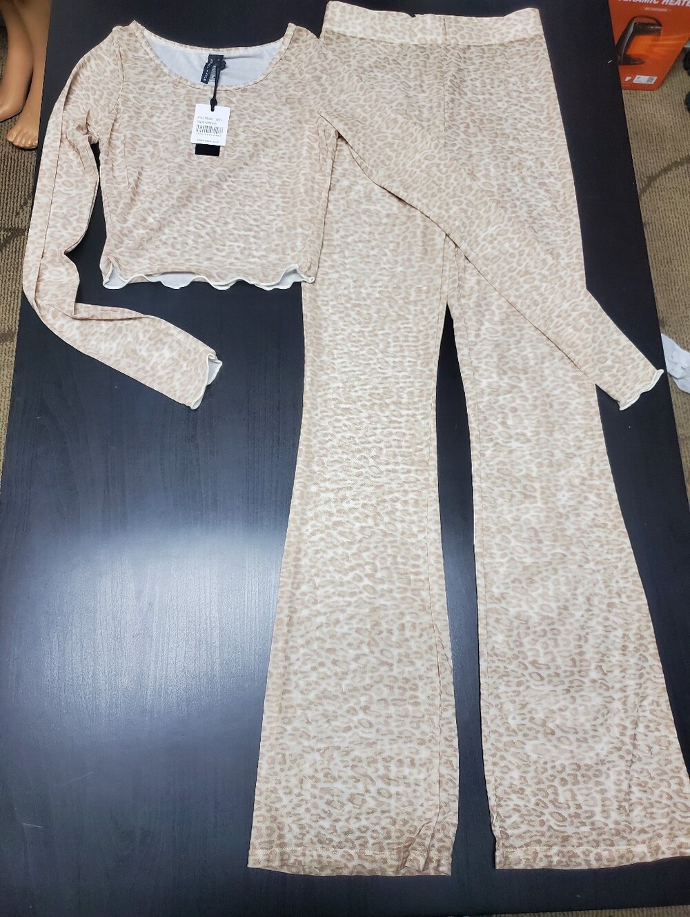 Beige Leopard-Print Flare Pants Set